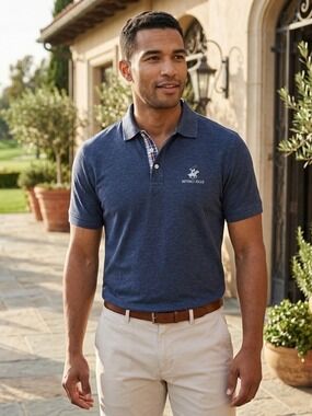 Beverly Hills Polo Club Men's Navy Heather Polo with Plaid Detail
